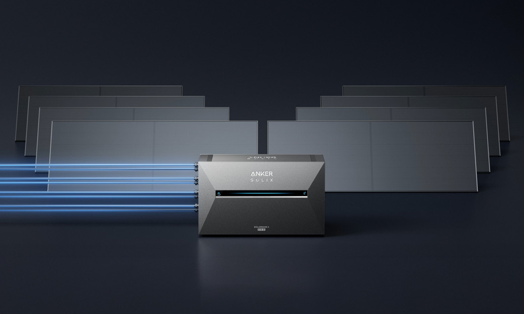 Batteriespeicher vor mehreren Solarmodulen