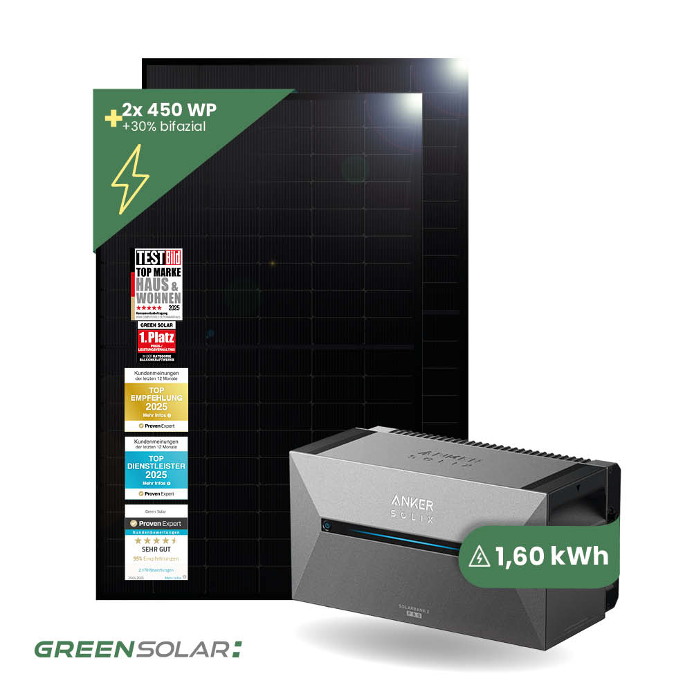 Balkonkraftwerk Basis M 900W mit Anker SOLIX Solarbank 2 E-1600 Pro