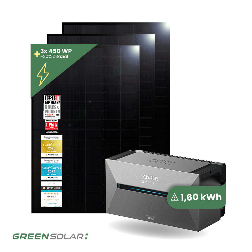 Balkonkraftwerk Basis L 1350W mit Anker SOLIX Solarbank 2 E-1600 Pro